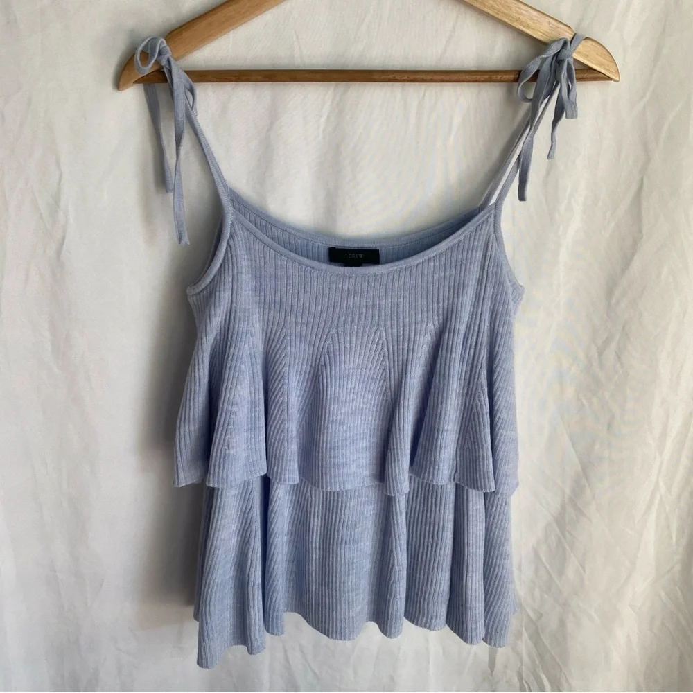 J. Crew Blue 100% Merino Wool Knit Ruffle Top Size Small Tie Straps